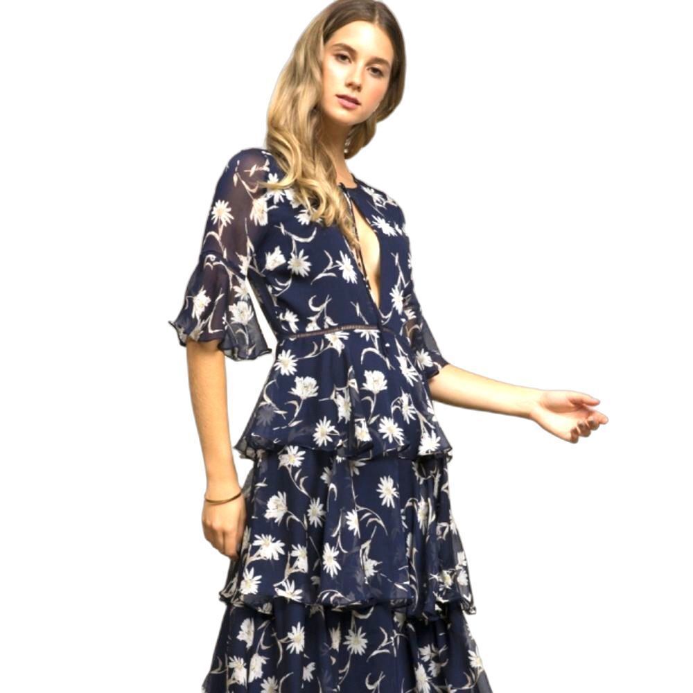 Lucy Paris The Daisy Ruffle Dress Blue White Size Small
